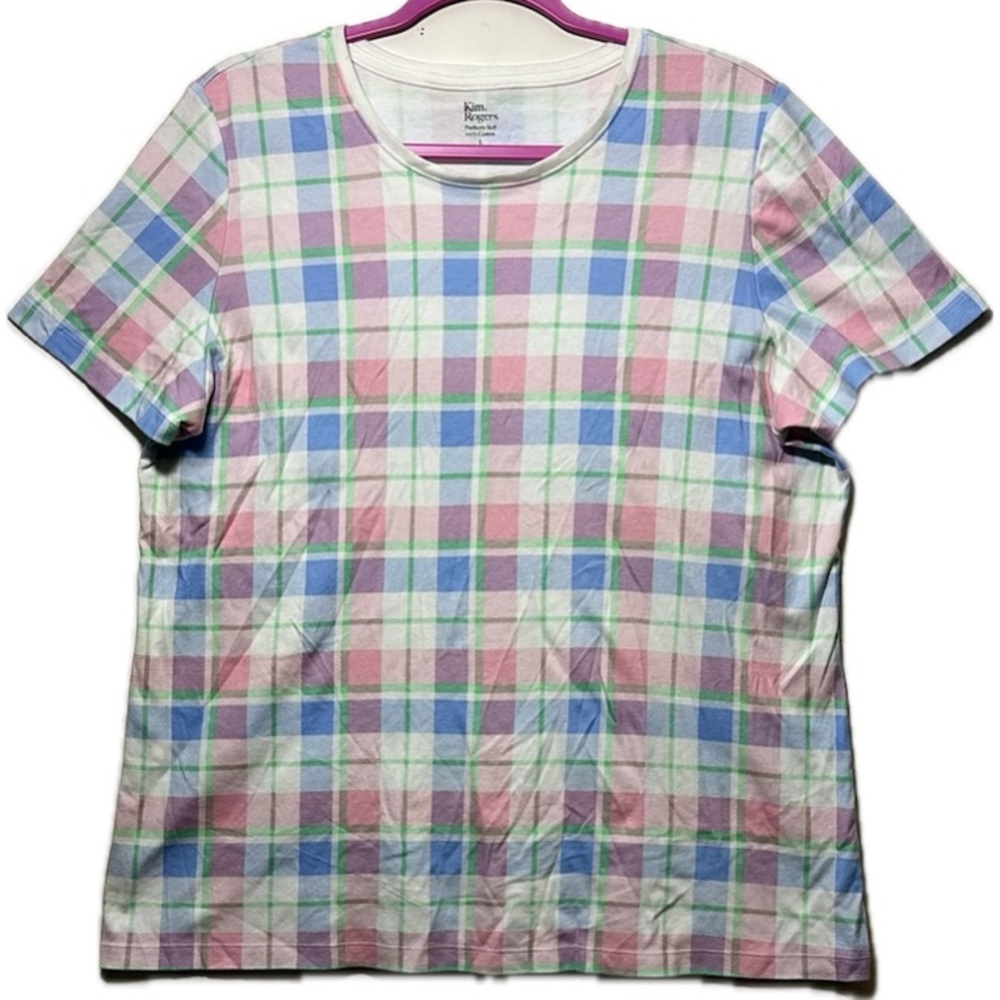 Kim Rogers Plaid T-Shirt, Blue, Pink, Green‎ White, Short Sleeve - size L - NWOT